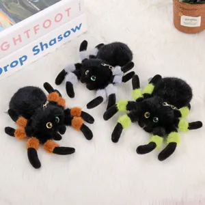 Plush spider keychain cute fluffy toy set with big eyes, assorted color legs, detail view.