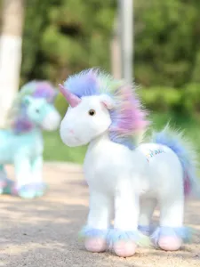 Cute rainbow unicorn plush toy with colorful mane and tail, soft stuffed animal doll gift.
