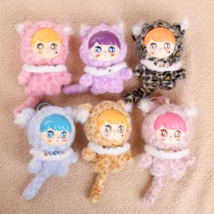 Cute vinyl face plush doll leopard print pendant soft toy bag accessory multi color furry design