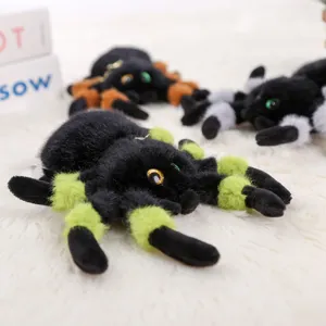 Plush spider toy pendant with big eyes and colorful fuzzy joints for Halloween decor.