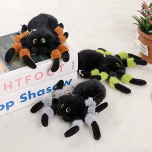 Detailed view of fluffy simulation spider plush pendant toy with big eyes and color options.