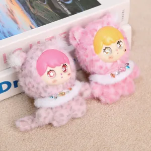 Cute pink leopard plush doll pendant with vinyl face and crystal collar, soft toy keychain.