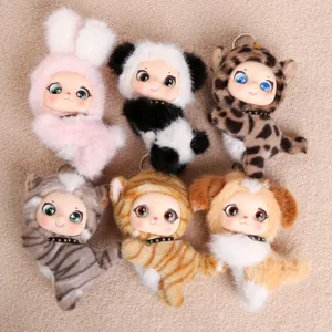 Cute plush doll keychains set featuring animal hoods and vinyl faces. Detailed hanging ornaments.