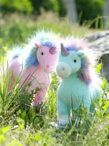 Standing rainbow unicorn plush toy set, soft mint and pink pony stuffed animal dolls for kids.