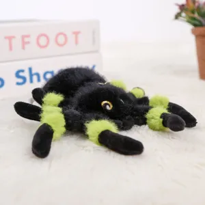 Fluffy simulation spider plush toy detail view, black and green cute pendant doll