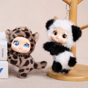 Cute plush doll keychain with animal hood, soft toy pendant for backpack and keys.
