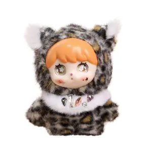 Leopard print plush vinyl doll keychain, cute fluffy toy pendant with crystal collar.