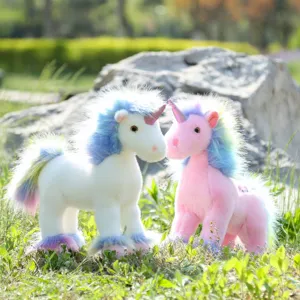 Cute standing rainbow unicorn plush toy soft stuffed animal doll for kids birthday gift.