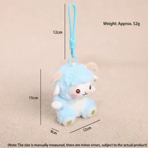 Porte-clés mouton en peluche bleue en détail, montrant la taille compacte et la texture douce.