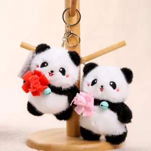Schattige panda pluche sleutelhanger, zachte knuffel pop met bloem voor tas decor.