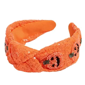 Pumpkin Sequin Knotted Headband Wide Brim Beaded Hair Hoop Halloween Party Dress Up