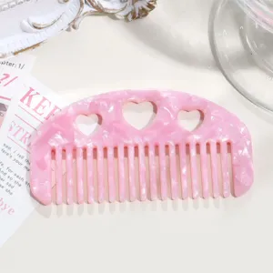 Pink acetate hair comb with heart cutouts cute sweet tortoiseshell fringe comb for women