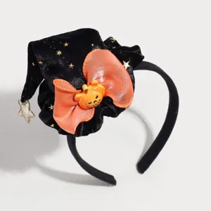 Detailed view of the Halloween witch hat headband with orange bow and cute pumpkin decor.