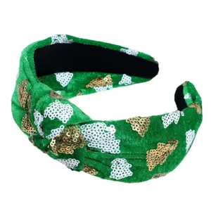 Cerchietto annodato in velluto verde con paillettes oro e bianche per festa di Natale