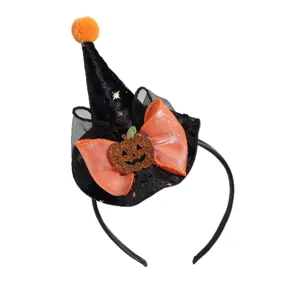 Halloween witch hat headband with orange bow and glitter pumpkin for party dress up.