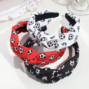Sporty soccer print knotted fabric headband, wide brim fashion hair accessory for women.