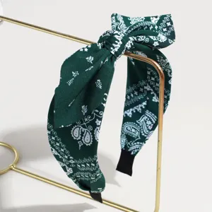 Dunkelgrünes Paisley Muster Stoff Stirnband mit süßer Hasenohr Schleife, modischer Haarreif.