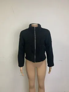 Black sherpa fleece jacket women short winter zip up fluffy coat casual outerwear 2025