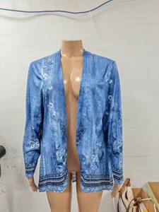 Blue floral print open front long sleeve cardigan detail view showcasing fabric and pattern.