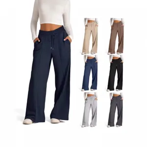 Women's Casual Solid Color High Waist Drawstring Wide Leg Straight Pants Loose Comfortable Polyester Trousers