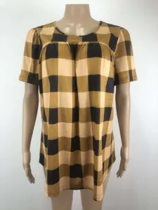Plus size women short sleeve round neck plaid print top detail view, casual apparel