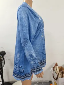 Blue floral print long sleeve open front cardigan casual plus size women shawl top.