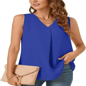 Top camicetta chiffon senza maniche scollo V donna dettaglio vista, blu unito estate.