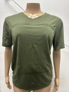 Olive green short sleeve V-neck babywearing pouch casual t-shirt detail showcase.