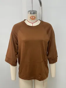 Casual solid brown crewneck patchwork raglan seven-quarter sleeve loose casual women top