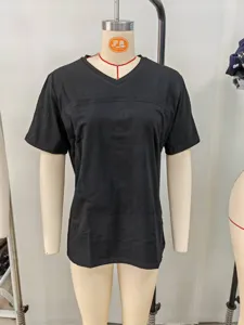 Black V-neck t-shirt detail showing the functional panel design and soft fabric texture.