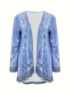 Women's blue floral print open front long sleeve cardigan casual elegant outerwear