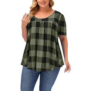 Plus size plaid printed short sleeve scoop neck tunic blouse for women spring summer casual top