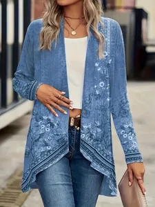 Close-up detail of the botanical floral print and open-front style on the long sleeve cardigan.