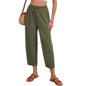 Comfortable casual green cropped trousers with elastic drawstring waist for women fashion daily wear