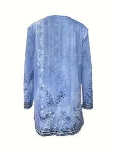 Detailed view of women long sleeve blue floral print cardigan plus size cape apparel.