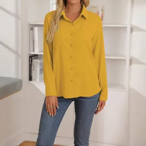 Camicia donna tinta unita giallo senape maniche lunghe revers bottoni top casual