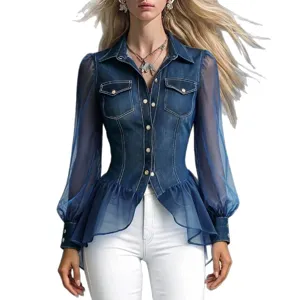 Modische Damen Freizeit Jeans Patchwork Bluse mit transparenten Mesh Langarm und Revers.