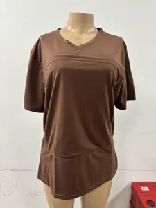 Brown short sleeve T-shirt with kangaroo pouch detail, casual V-neck design for daily wear.