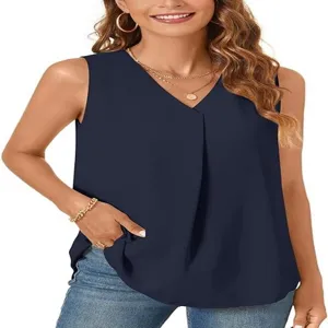 Donna estate scollo a V smanicato in chiffon top, elegante e comoda camicetta tinta unita.
