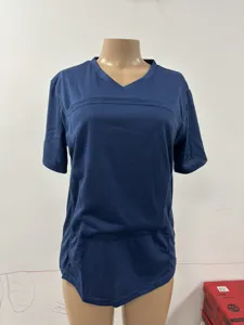 Blue V-neck short sleeve t-shirt with functional baby carrying front pocket for casual wear.