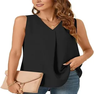 Donna estate casual tinta unita senza maniche scollo v chiffon top blusa larga vista dettaglio.