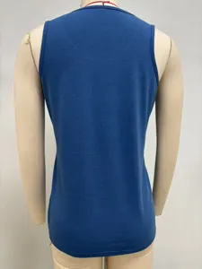 Back detail view of a casual blue sleeveless tank top, showing fit and soft fabric texture.