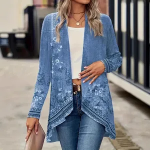 Women's Casual Long Sleeve Open Front Cardigan Vintage Botanical Floral Print Plus Size Outerwear Loose Fit Cape Coat