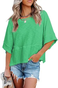 Detail of casual green crew neck 3/4 flared sleeve loose t-shirt for women stylish.