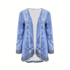Women long sleeve floral print open front cardigan casual blue kimono bohemian outerwear top