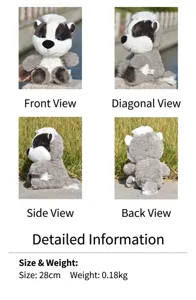 Cute honey badger plush toy detail view, soft stuffed animal doll for kids and girls gift 28cm.