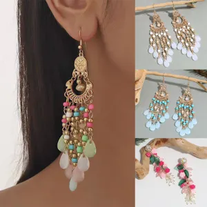 Bohomische goldene Metallquaste Ohrringe mit bunten Perlen Hänge Ohrschmuck Damen.