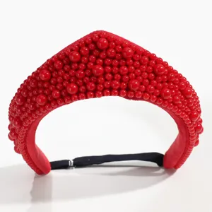 Red beaded crown headband, baroque style hair accessory for women and girls detail.