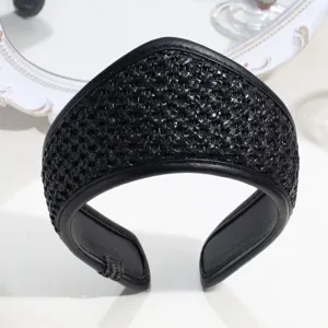 Retro black crown headband for women, elegant leather trim hair accessory for daily wear.