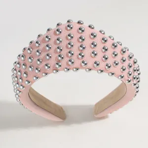 Pink padded headband with silver metallic studs retro court style fashion hair accessory for women